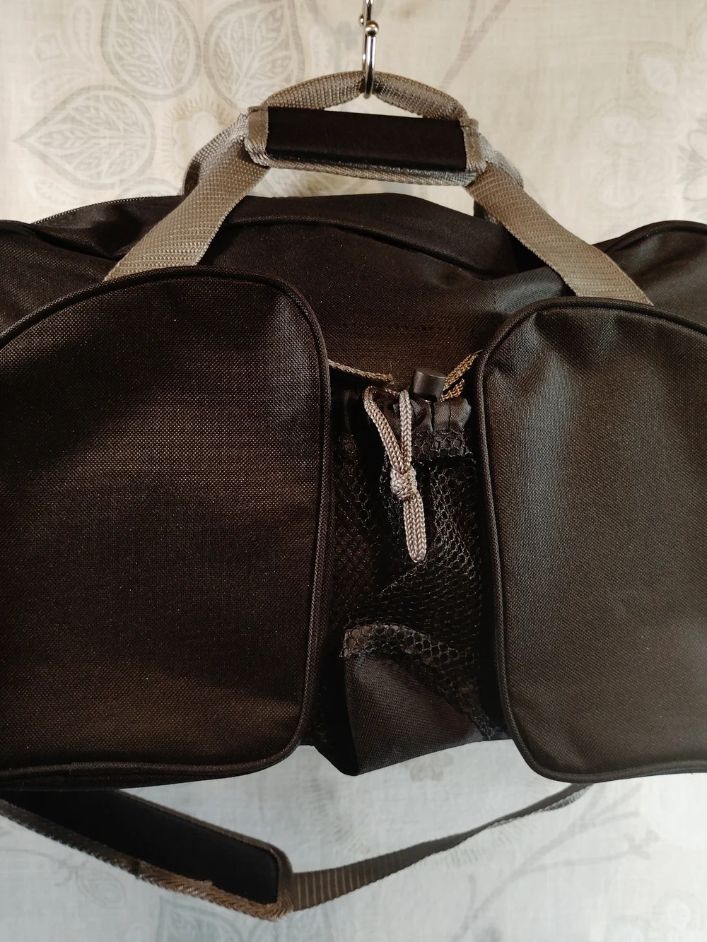 Black Travel Duffel with  2 Front Pockets & Gray Straps